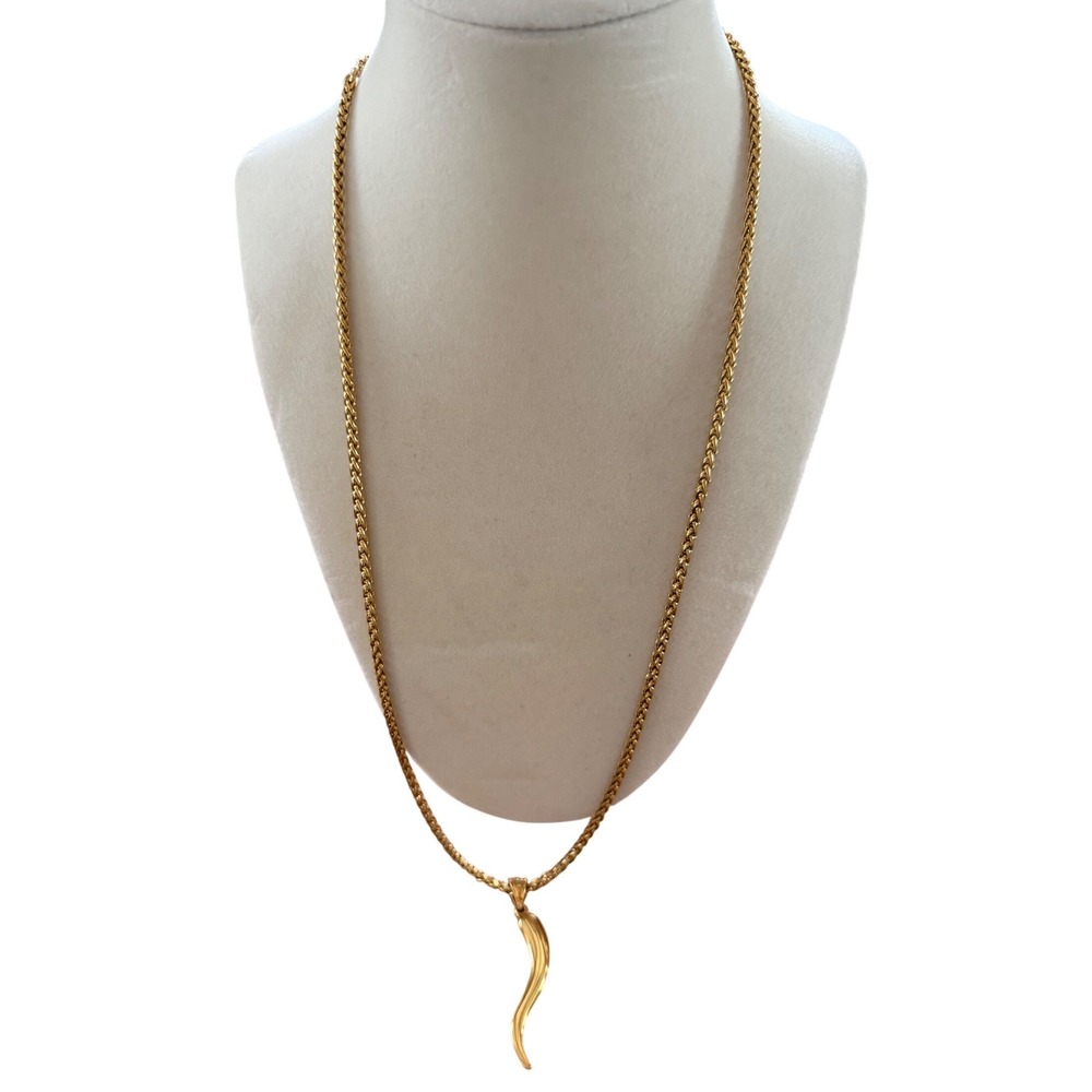 VTG 18K Gold Plated Italian Horn Cornicello Pendant Wheat Chain Necklace 26 Inch